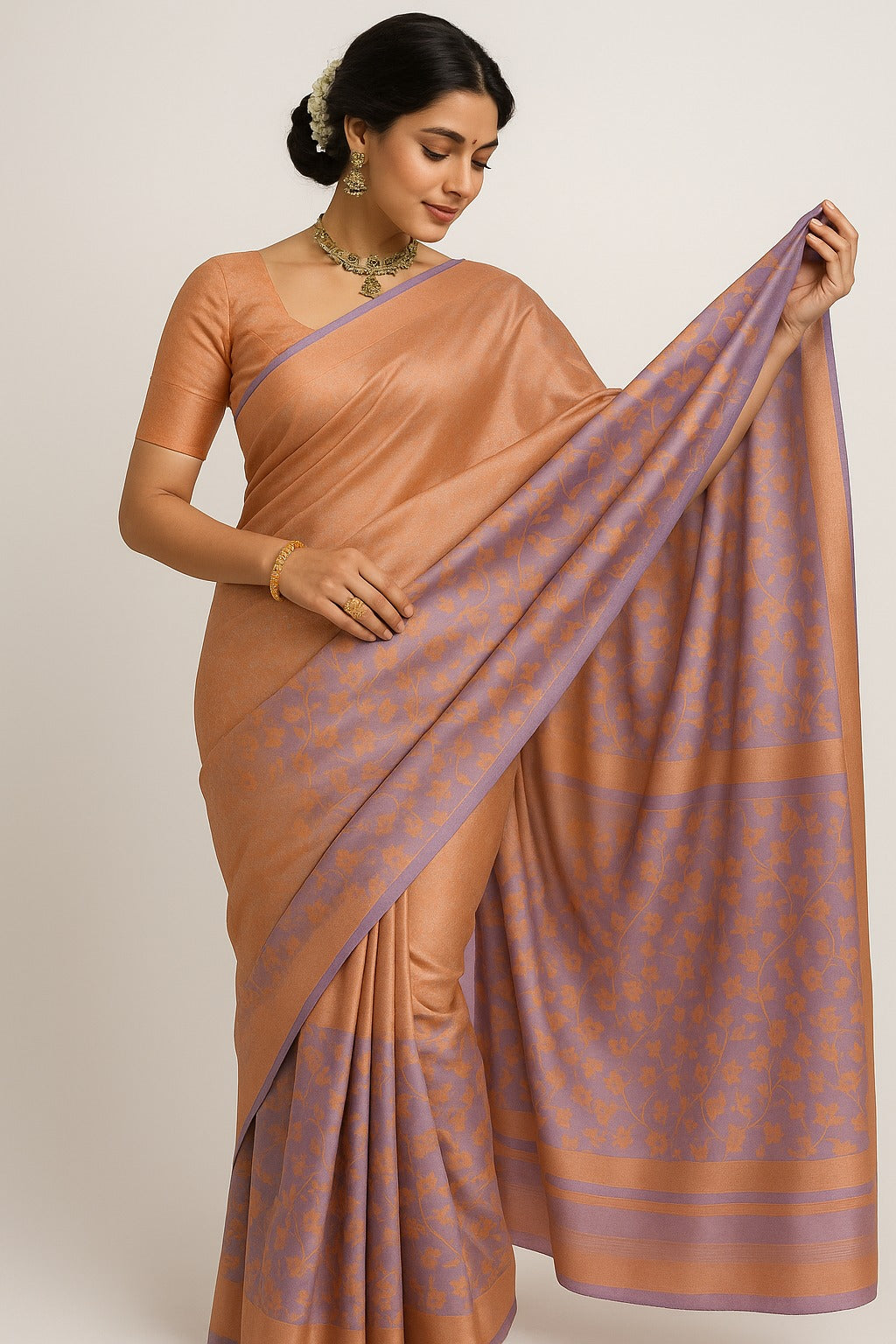 Silk Peach & Lavender Floral Saree with Unstitched Blouse Piece