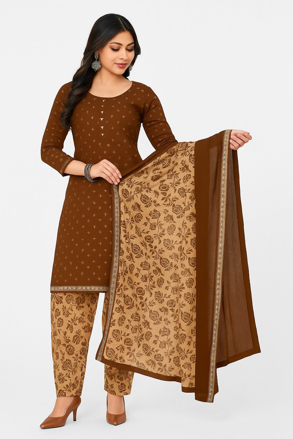 Unstitched Cotton Printed 3-Piece Suit – Chocolate Top with Light Brown Floral, Light Brown Bottom with Chocolate Zig-Zag Print & Matching Dupatta