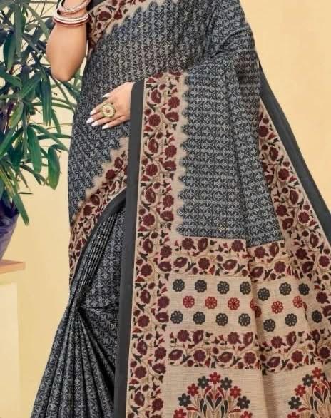 Dark Grey/Black Base with Beige Pallu, Maroon Floral &amp; Geometric Prints, Dark Green Accents (5.5 Meters)