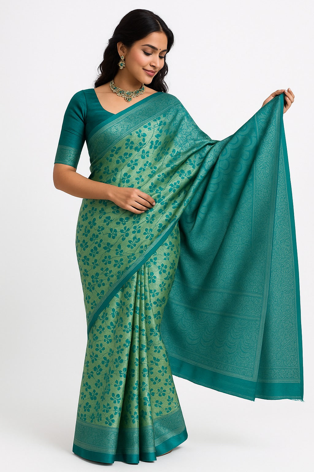 Chic Silk Teal & Mint Green Floral Saree with Unstitched Blouse Piece