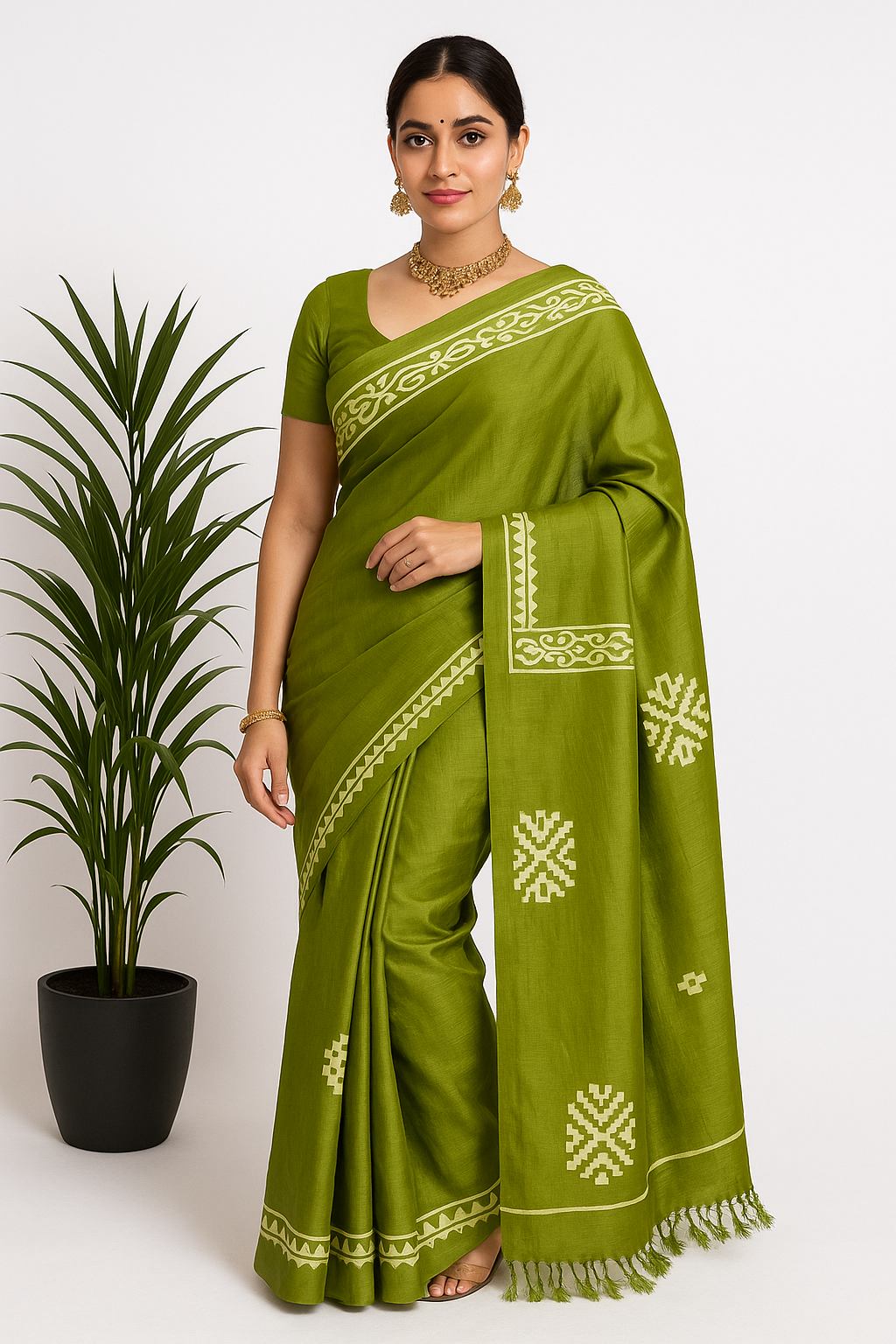 Olive Green with Off-White Floral Design &amp; Unstitched Blouse (6.5 Meters)