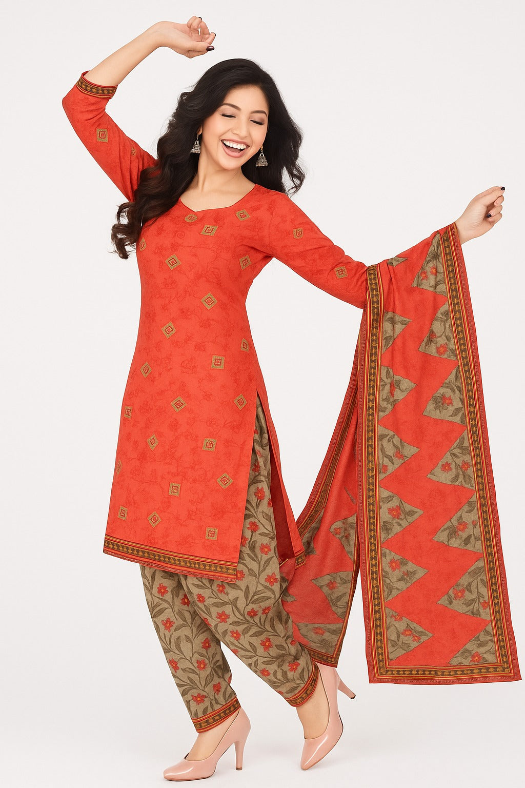 Unstitched Cotton Printed 3-Piece Suit – Orange Top with Light Brown Floral, Light Brown Bottom with Orange Floral, Matching Dupatta