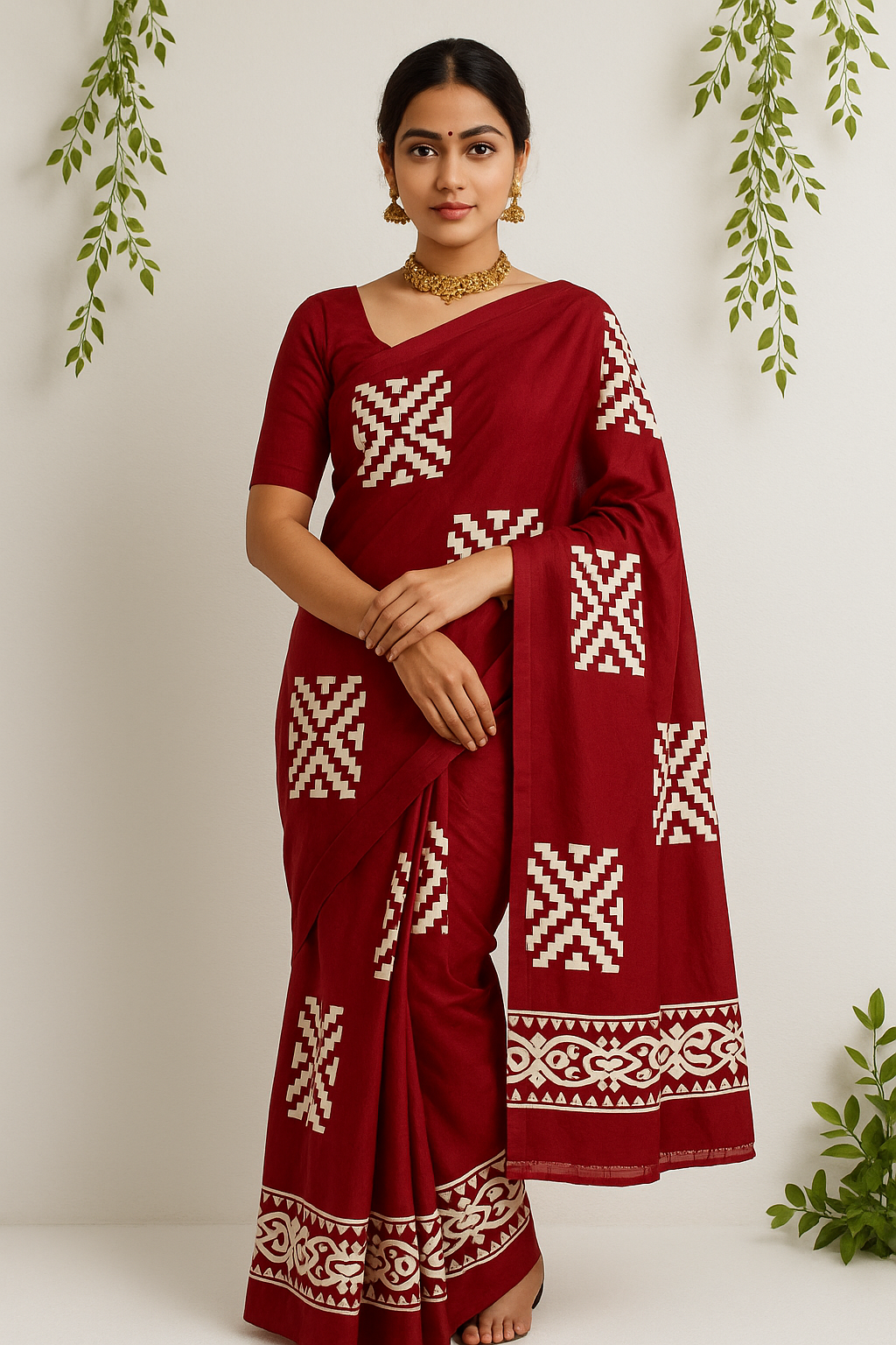 Deep Red Fancy Silk Saree with Off-White Floral Design – 6.5 Meters with Unstitched Blouse
