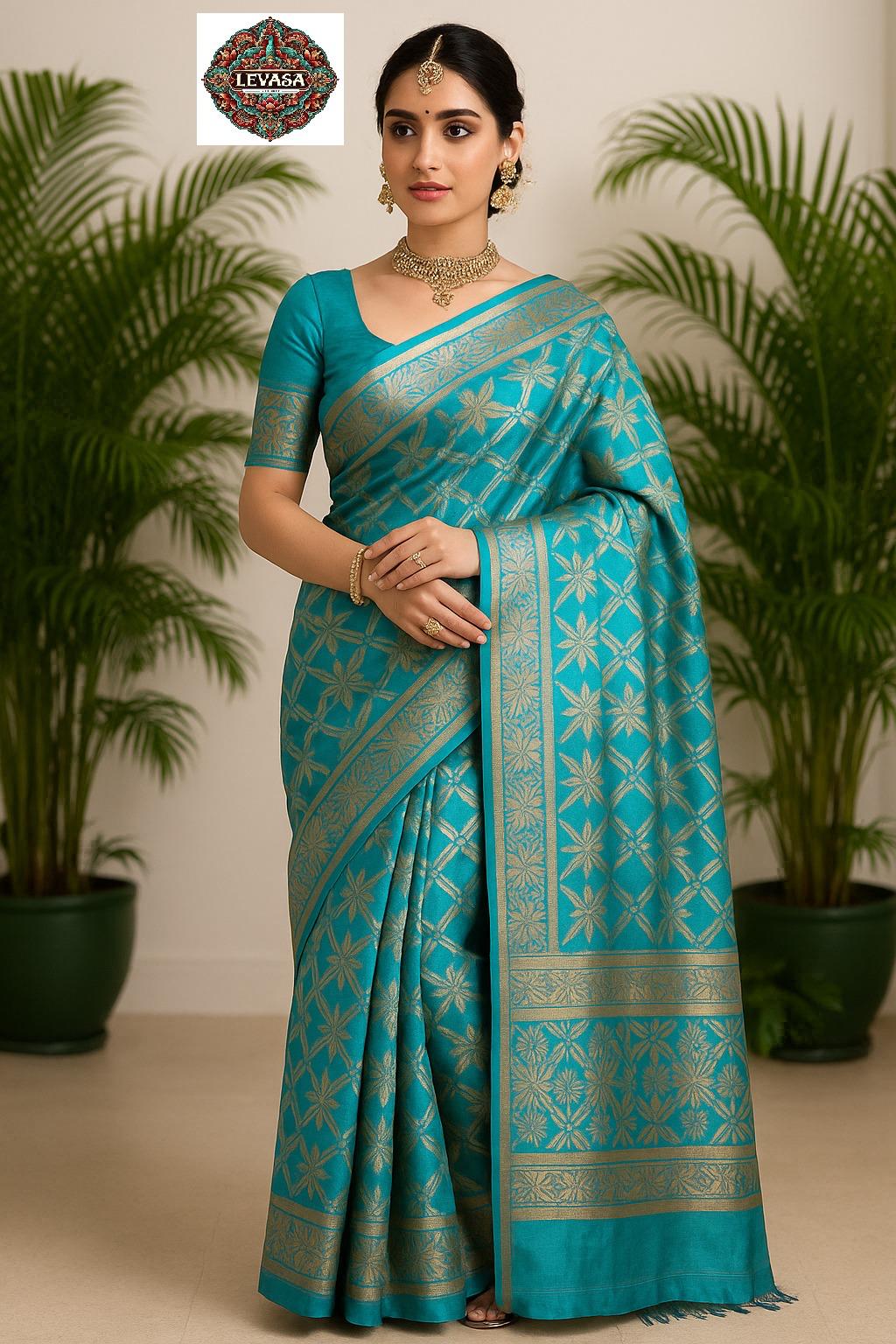 Teal Blue Candy Cotton Saree with Golden Zari Floral &amp; Geometric Brocade